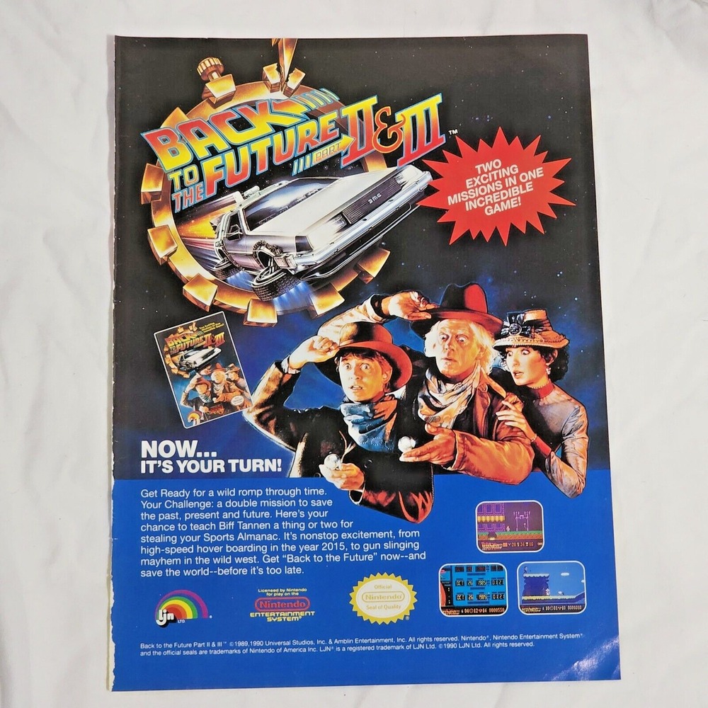 Vintage 1990 Back to the Future 2 & 3 Nintendo NES Game Print Ad Original 8x11